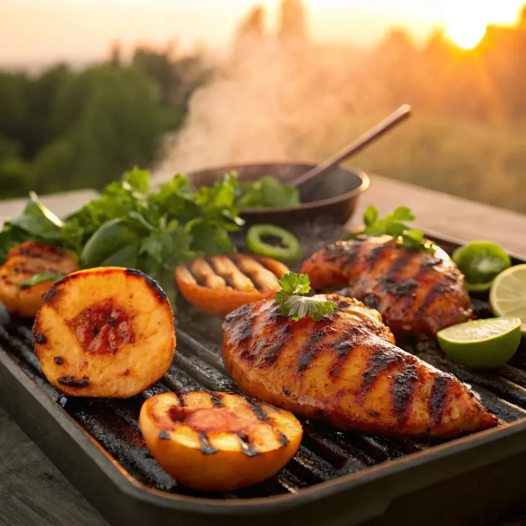 Grilled peach jalapeño chicken with glaze and herbs on BBQ platter