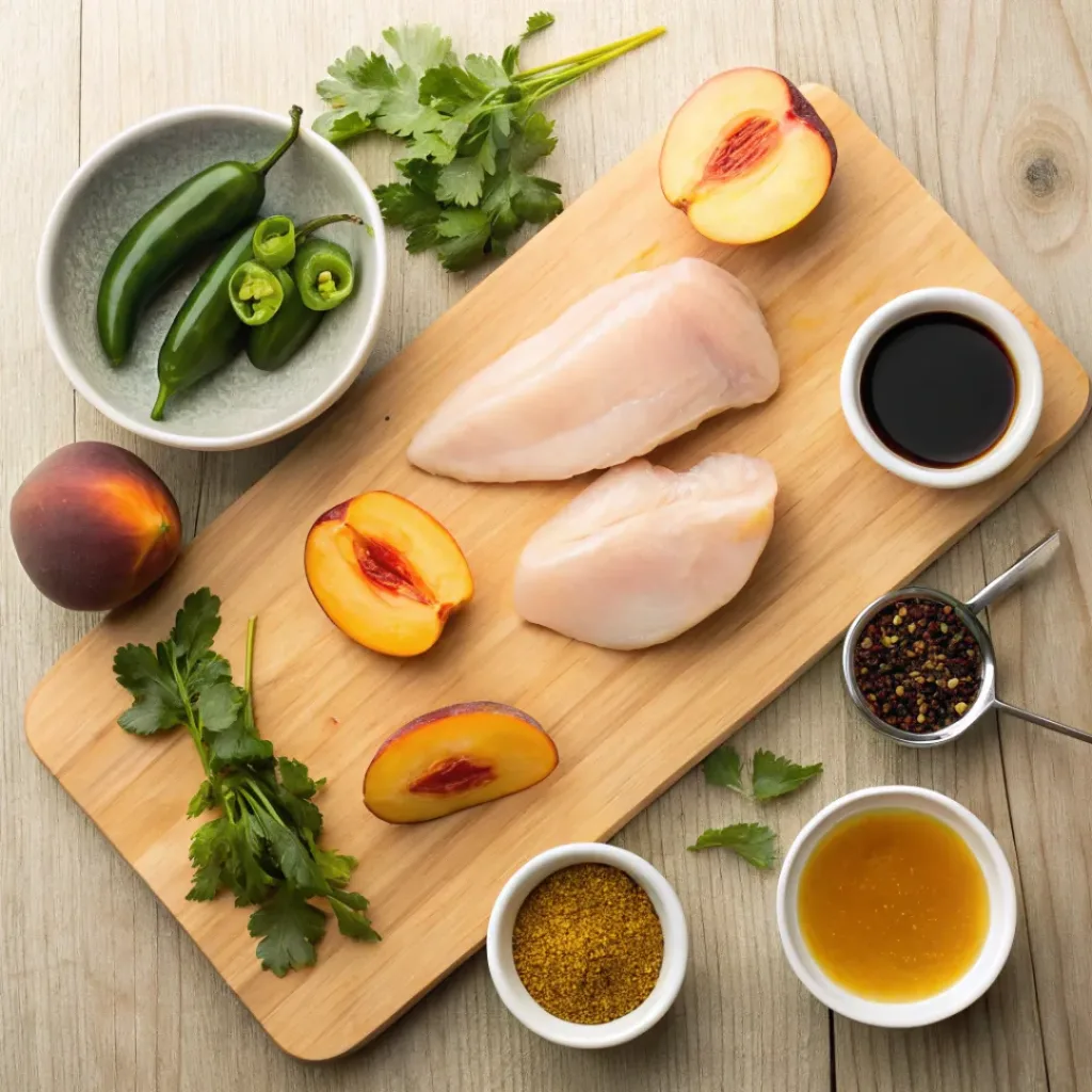 Flat lay of chicken, peaches, jalapeños, honey, and spices
