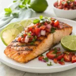 Grilled salmon topped with strawberry salsa and lime wedges