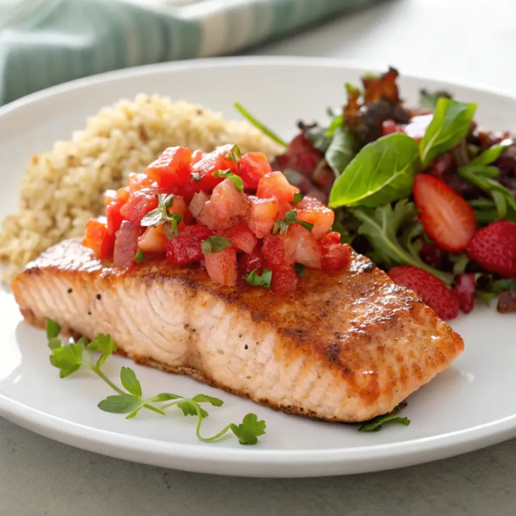 Grilled salmon with strawberry salsa served with salad and grains