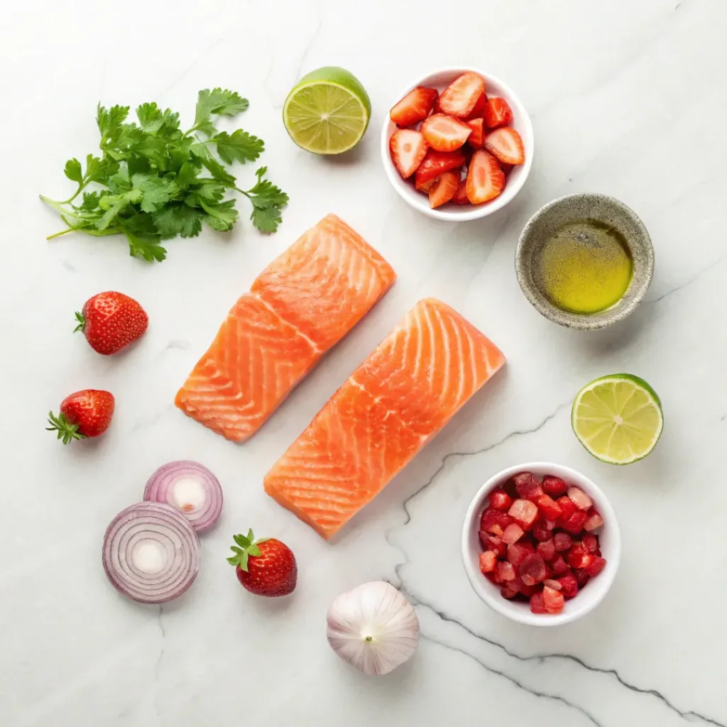 Flat lay of salmon, strawberries, onion, cilantro, and lime
