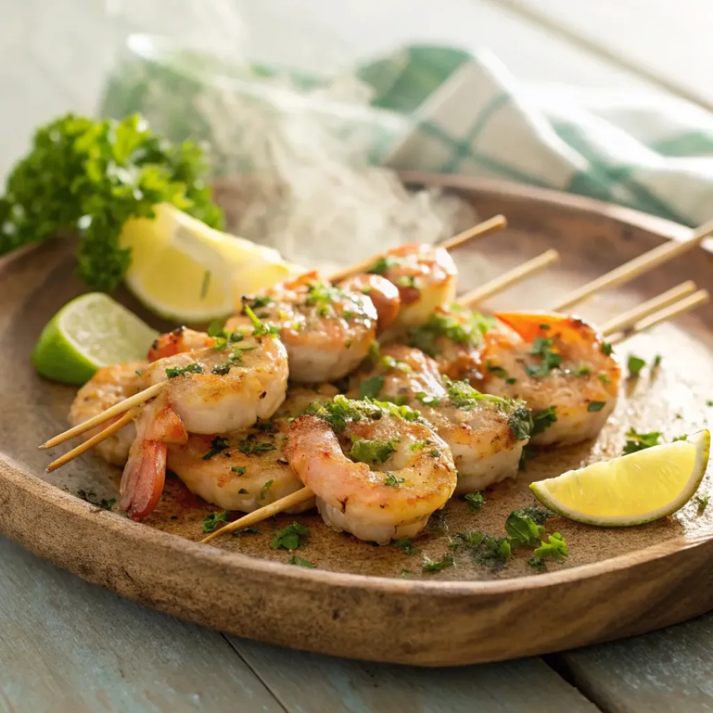 Grilled shrimp skewers served with rice and vegetables