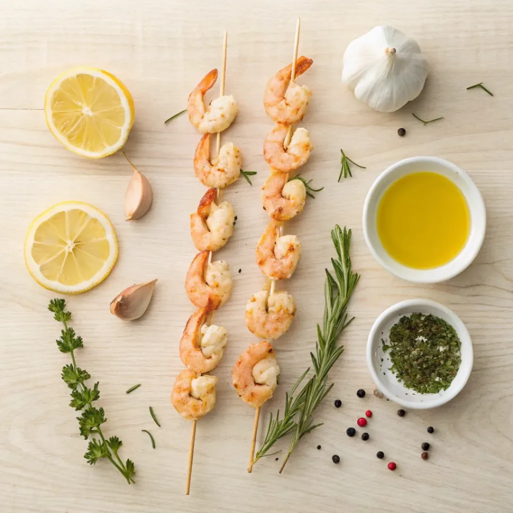 Flat lay of shrimp, lemon, garlic, herbs, and skewers
