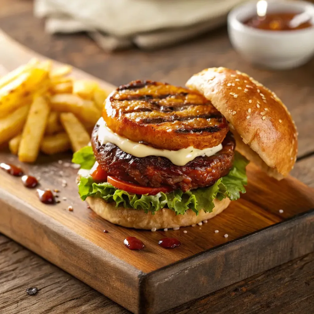 Grilled Teriyaki Burger – Juicy, Sweet & Smoky BBQ-Style Burger 8 Teriyaki burger served with fries and tropical BBQ sides