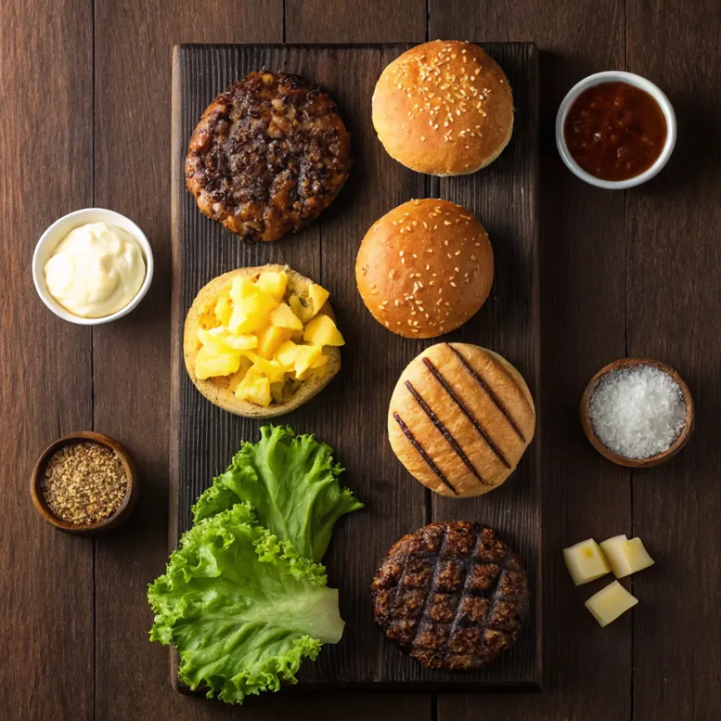 Grilled Teriyaki Burger – Juicy, Sweet & Smoky BBQ-Style Burger 6 Flat lay of burger ingredients, pineapple, beef, and teriyaki sauce components
