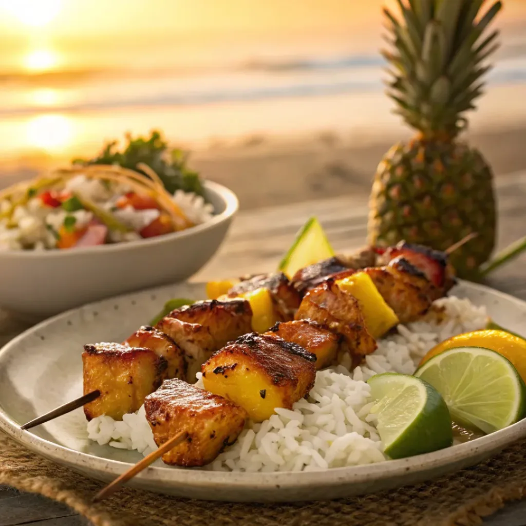 Hawaiian Chicken Kabobs with Pineapple – Sweet, Smoky & Juicy Grilled Skewers 8 Chicken and pineapple kabobs served with tropical sides