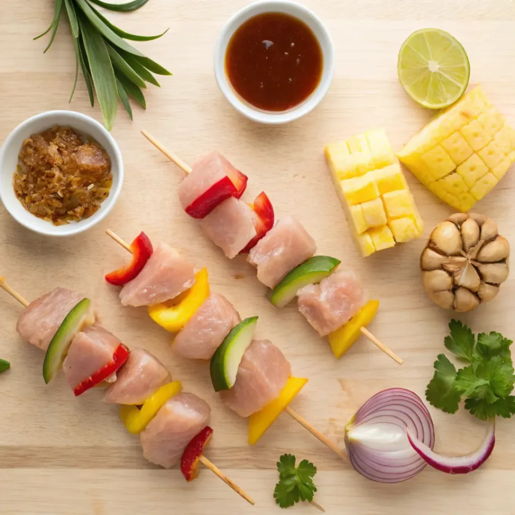 Hawaiian Chicken Kabobs with Pineapple – Sweet, Smoky & Juicy Grilled Skewers 6 Flat lay of chicken, pineapple, peppers, and Hawaiian marinade ingredients