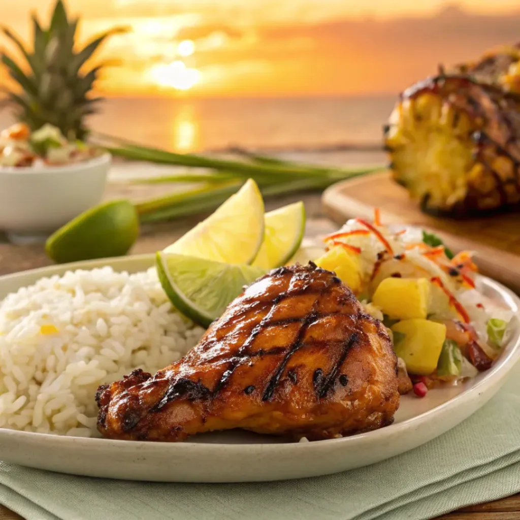 Hawaiian Huli Huli Grilled Chicken – Sweet, Smoky & Juicy Island-Style Chicken 8 Huli huli chicken served with pineapple and tropical sides