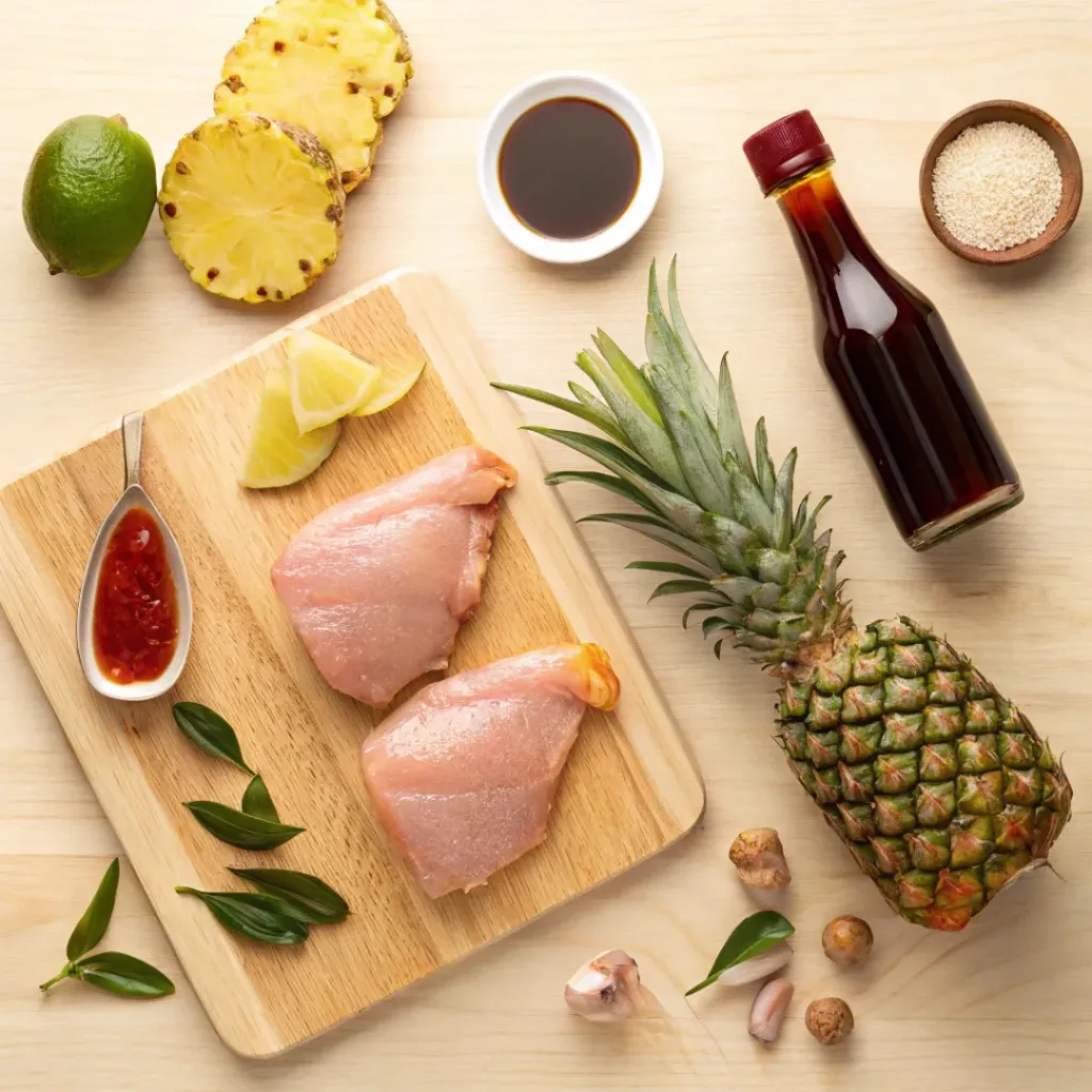 Hawaiian Huli Huli Grilled Chicken – Sweet, Smoky & Juicy Island-Style Chicken 6 Flat lay of chicken, pineapple, soy sauce, garlic, and tropical ingredients