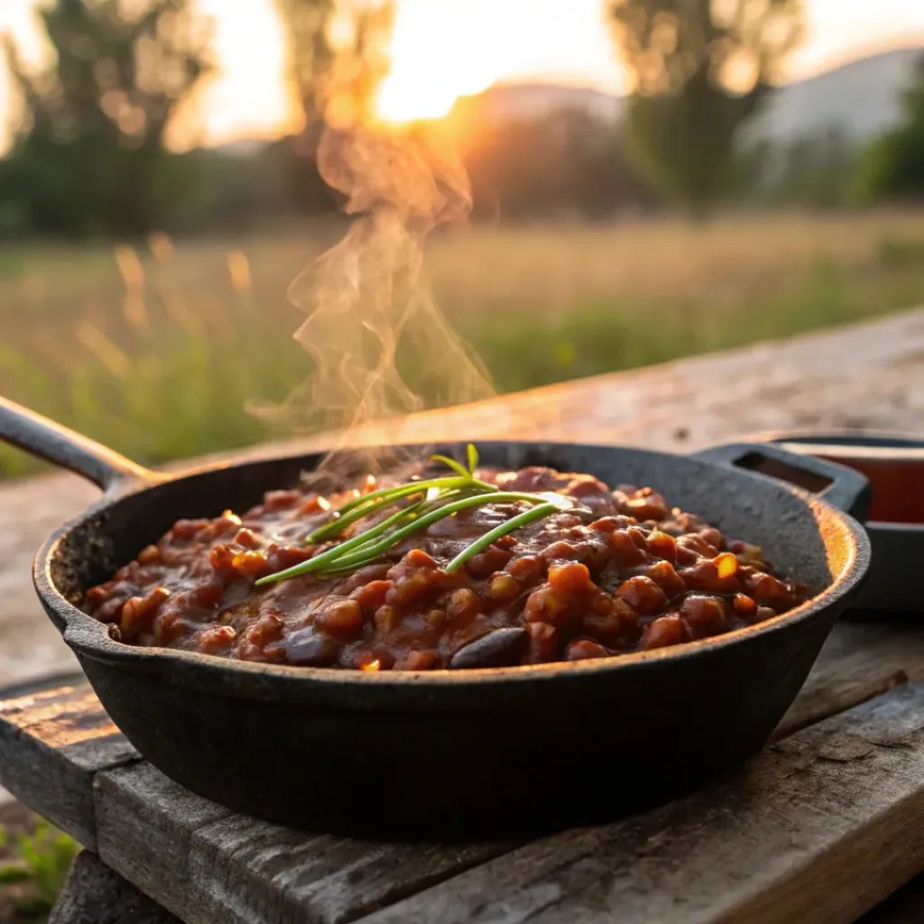 Homemade BBQ Baked Beans – Smoky, Sweet & Hearty Side Dish 8 Smoky BBQ baked beans served hot in cast iron skillet
