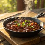 BBQ baked beans in skillet with thick smoky sauce and herbs