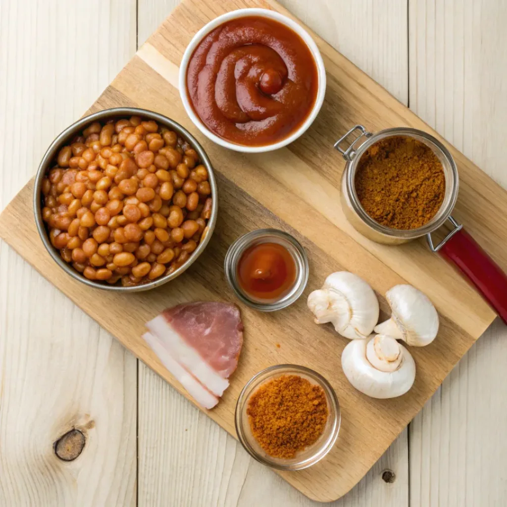 Homemade BBQ Baked Beans – Smoky, Sweet & Hearty Side Dish 6 Flat lay of beans, BBQ sauce, spices, and onions for baked beans