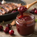 Thick cherry BBQ sauce in jar with spoon and fresh cherries