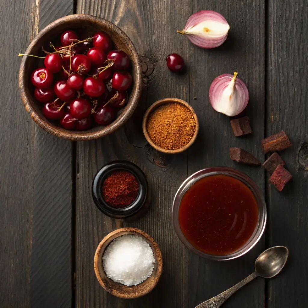 Homemade Cherry BBQ Sauce – Sweet, Smoky & Tangy Grilling Sauce 6 Flat lay of cherries, spices, and BBQ sauce ingredients