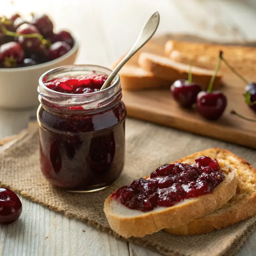 Homemade Cherry Jam – Simple, Sweet & Perfect Spread 8 Cherry jam spread on toast with fresh cherries