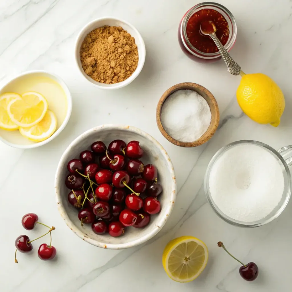 Homemade Cherry Jam – Simple, Sweet & Perfect Spread 6 Flat lay of cherries, sugar, and lemon for jam making