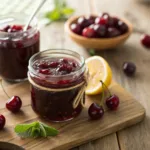 Cherry jam in glass jars with spoon and fresh cherries