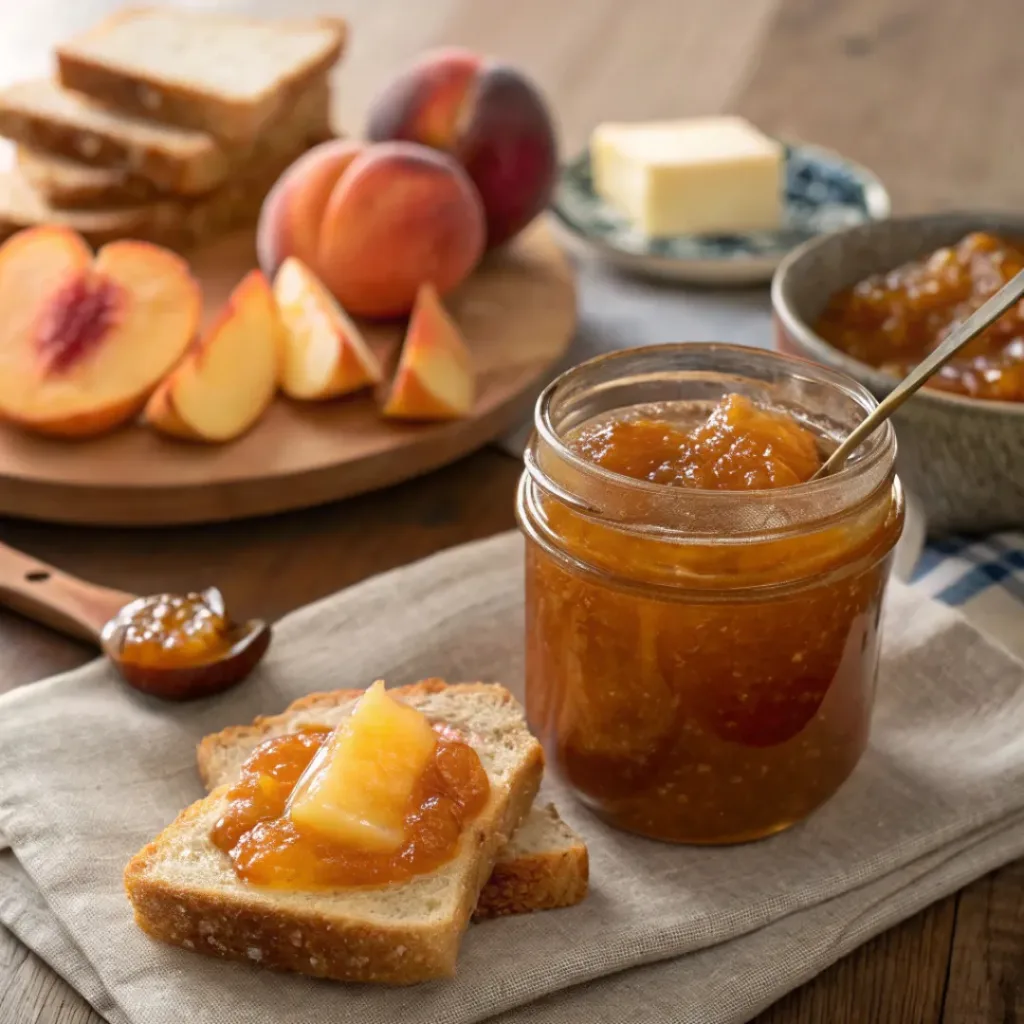 Peach jam jar served with toast and butter