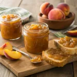 Glass jars of homemade peach jam with toast and fresh peaches