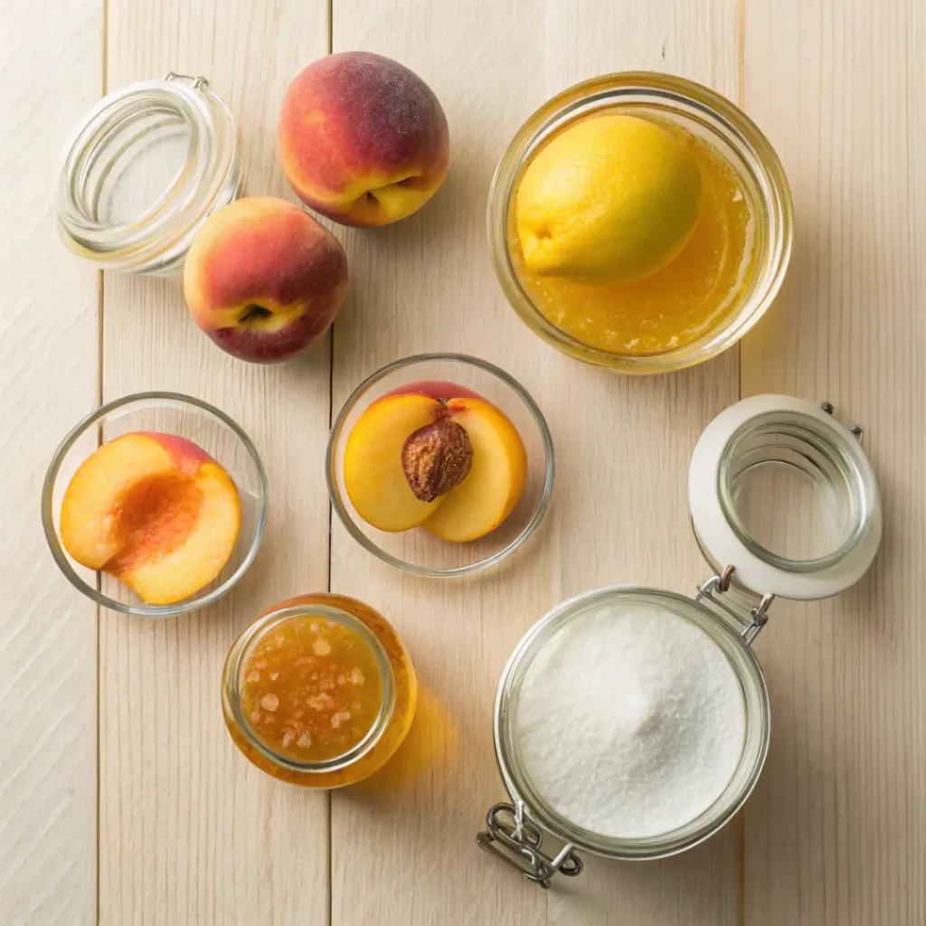 Flat lay of peaches, sugar, lemon juice, and jam-making ingredients