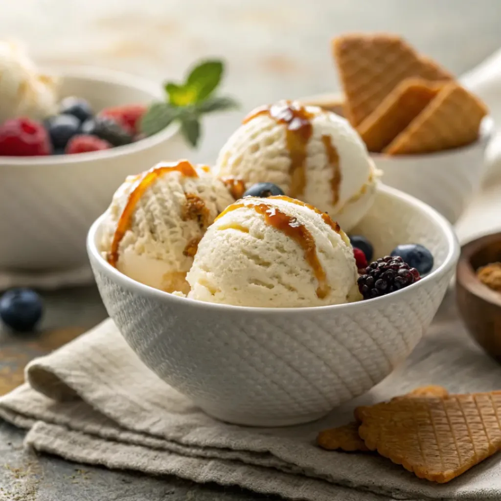 Homemade Vanilla Ice Cream – Creamy, Classic & Rich Frozen Dessert 8 Vanilla ice cream scoops with caramel drizzle and toppings