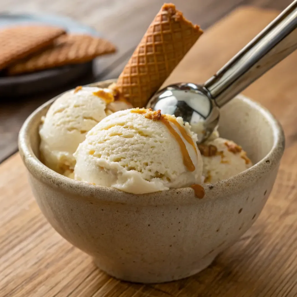 Creamy vanilla ice cream in bowl with vanilla bean specks and scoop