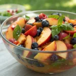 Peach fruit salad with honey lime dressing and basil