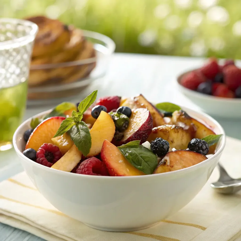 Honey Lime Basil Peach Fruit Salad – Fresh Summer Fruit Bowl 8 Peach fruit salad with berries, basil, and honey lime dressing