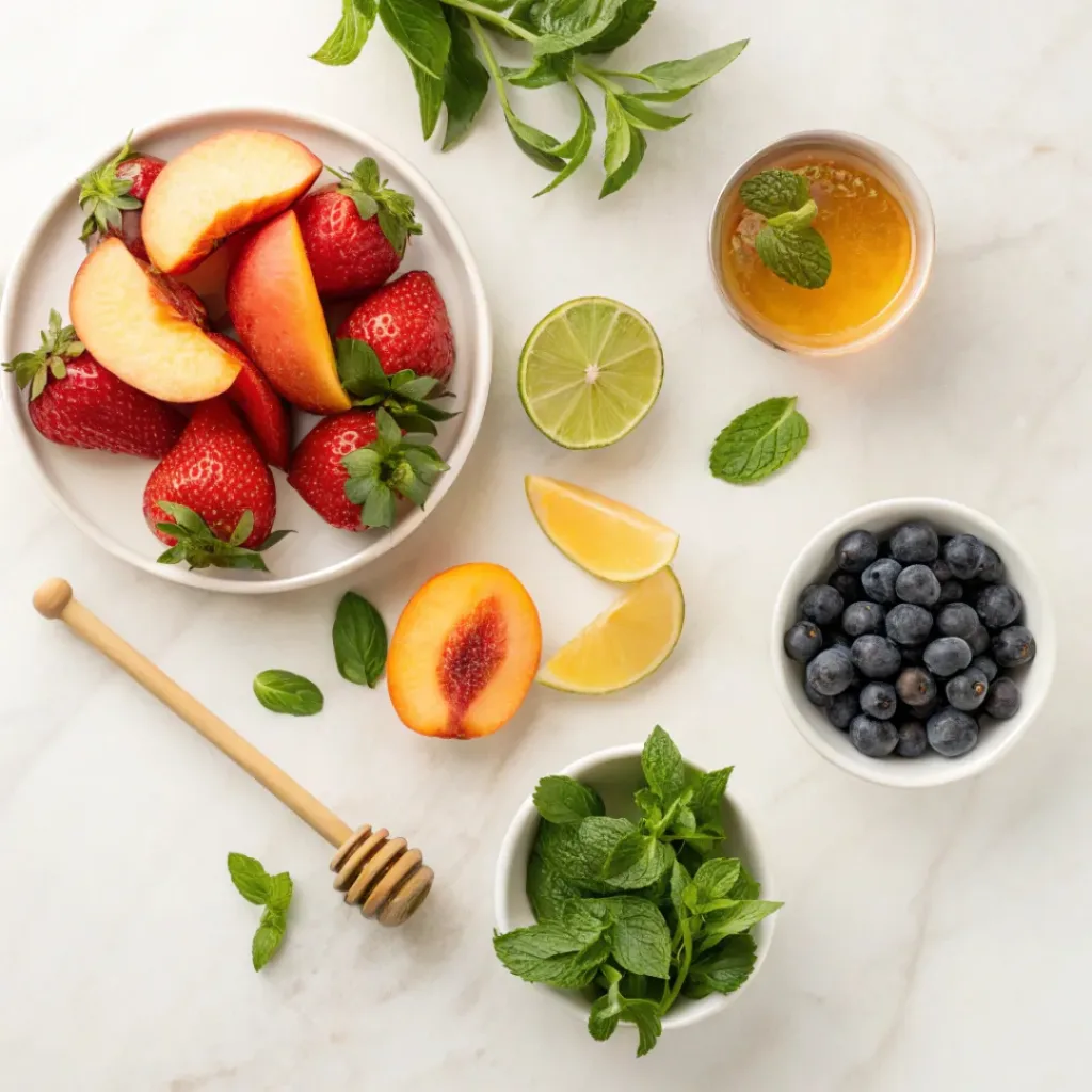 Honey Lime Basil Peach Fruit Salad – Fresh Summer Fruit Bowl 6 Flat lay of peaches, berries, basil, lime, and honey