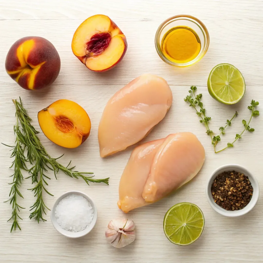 Flat lay of chicken, peaches, honey, lime, and seasonings