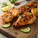 Grilled chicken with honey lime glaze served with grilled peaches