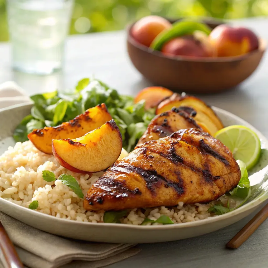 Grilled chicken with peaches served with salad and grains