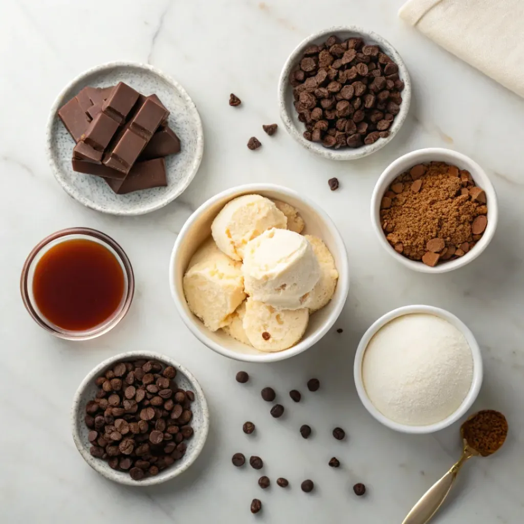 Flat lay of chocolate, ice cream, cocoa, and dessert ingredients