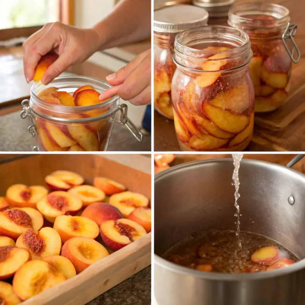 Four step collage showing peeling peaches, making syrup, filling jars, and sealing