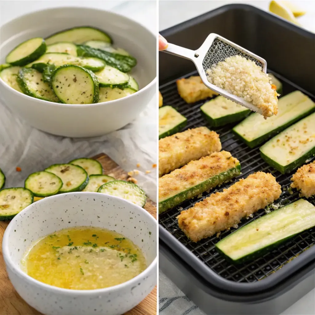 Air Fryer Zucchini – Crispy, Healthy & Quick Side Dish 7 Four step collage showing slicing, seasoning, air frying, and serving zucchini