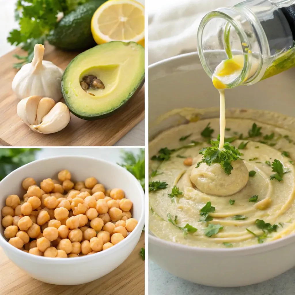 Avocado Hummus – Creamy Healthy Dip Recipe 7 Four step collage showing blending avocado hummus and serving with toppings
