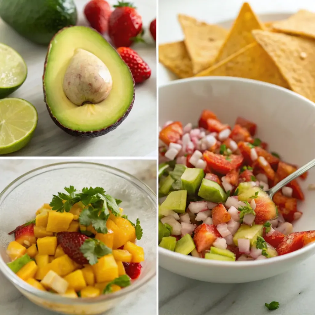Avocado Strawberry Mango Salsa – Sweet, Fresh & Vibrant Summer Salsa 7 Four step collage showing chopping, mixing, and serving fruit salsa