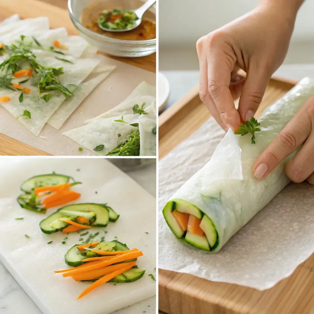 Four step collage showing soaking wrappers, filling rolls, rolling, and serving