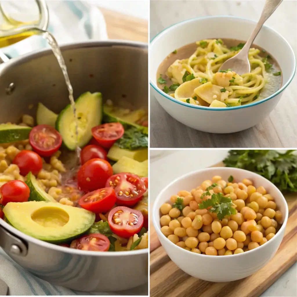 Four step collage showing cooking pasta, slicing vegetables, mixing dressing, and tossing pasta