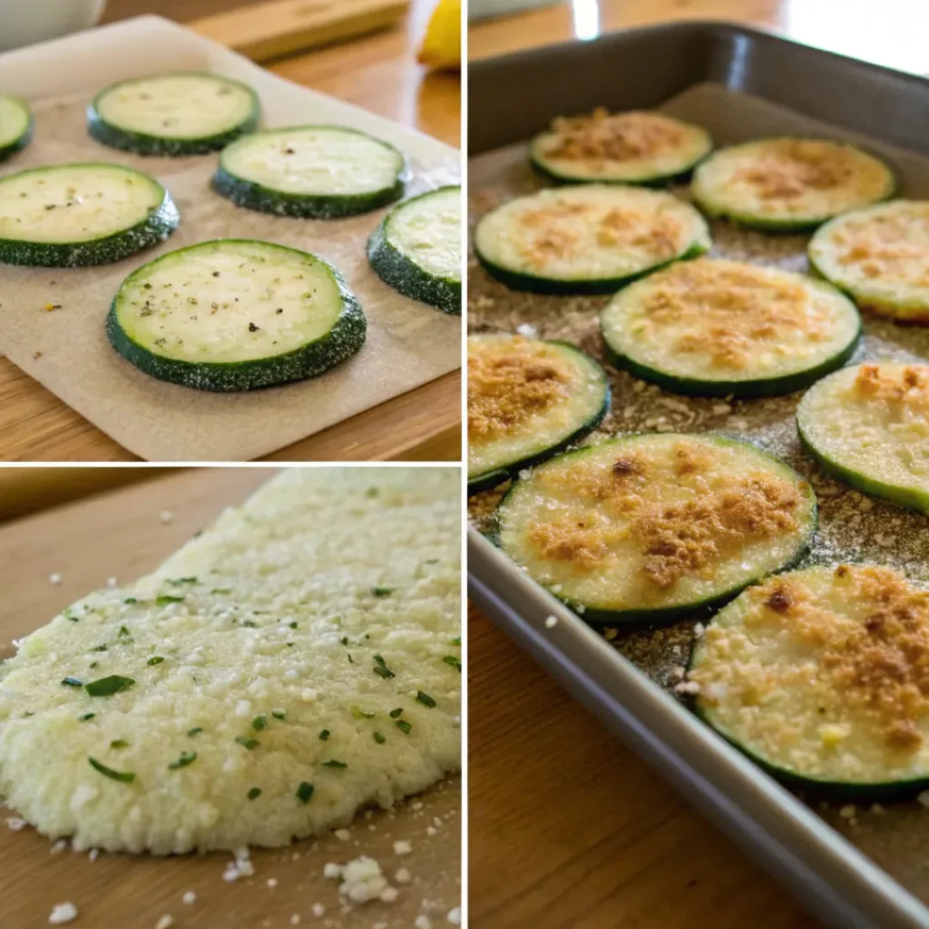 Baked Parmesan Zucchini – Crispy, Cheesy & Easy Side Dish 7 Four step collage showing slicing zucchini, seasoning, adding cheese, and baking