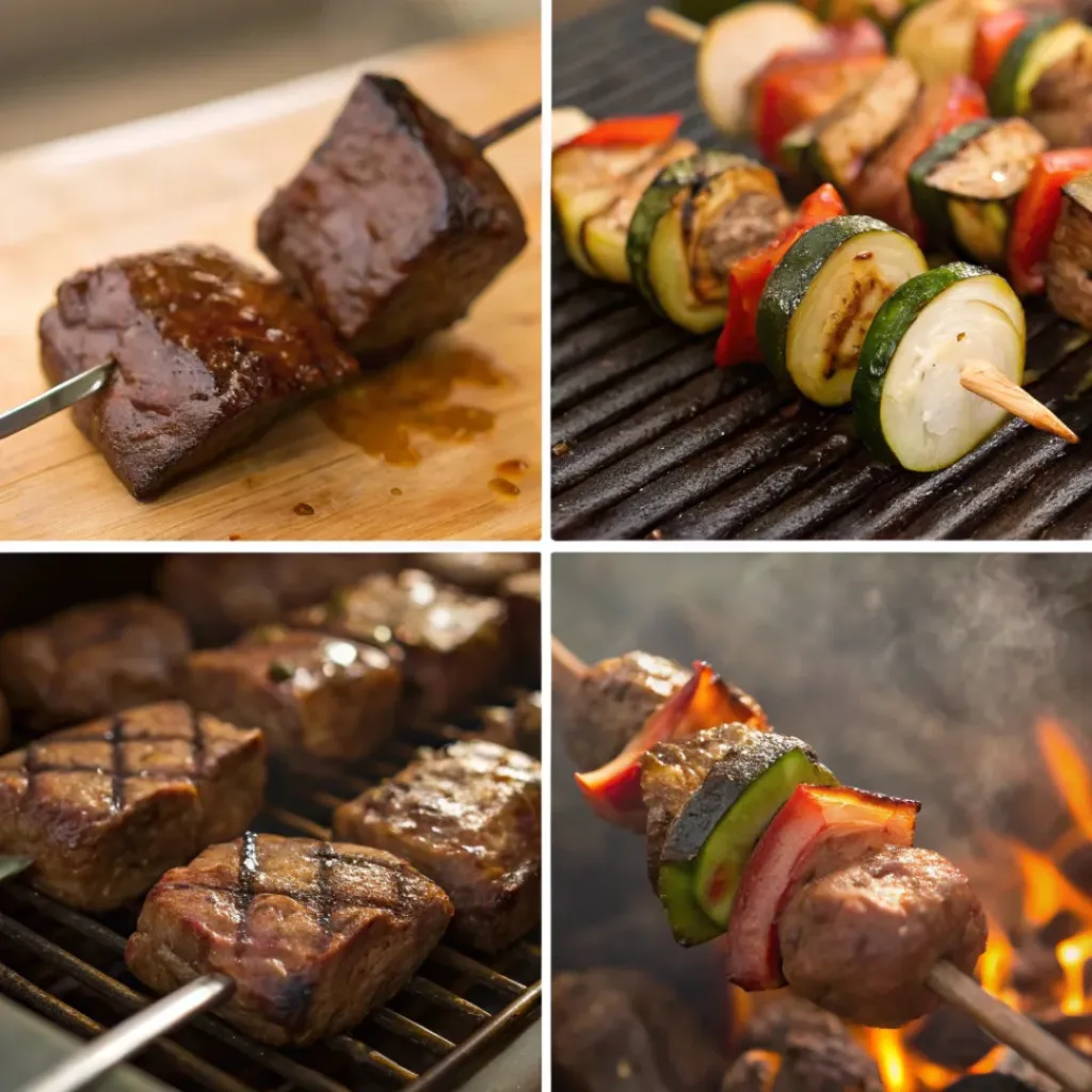 Four step collage showing marinating, skewering, grilling, and serving kabobs
