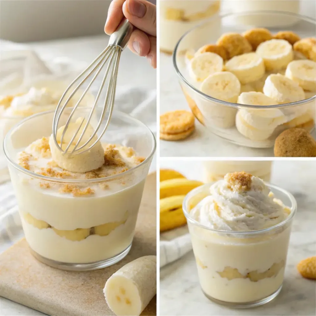 Four step collage showing slicing, mixing, layering, and topping pudding cups