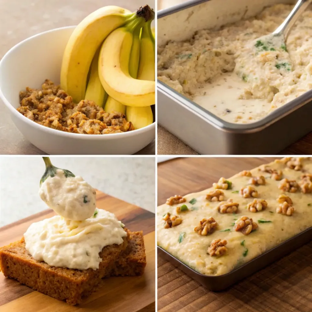 Banana Zucchini Snack Cake with Cream Cheese Frosting – Moist, Soft & Perfectly Sweet 7 Four step collage showing mixing batter, baking cake, frosting, and serving