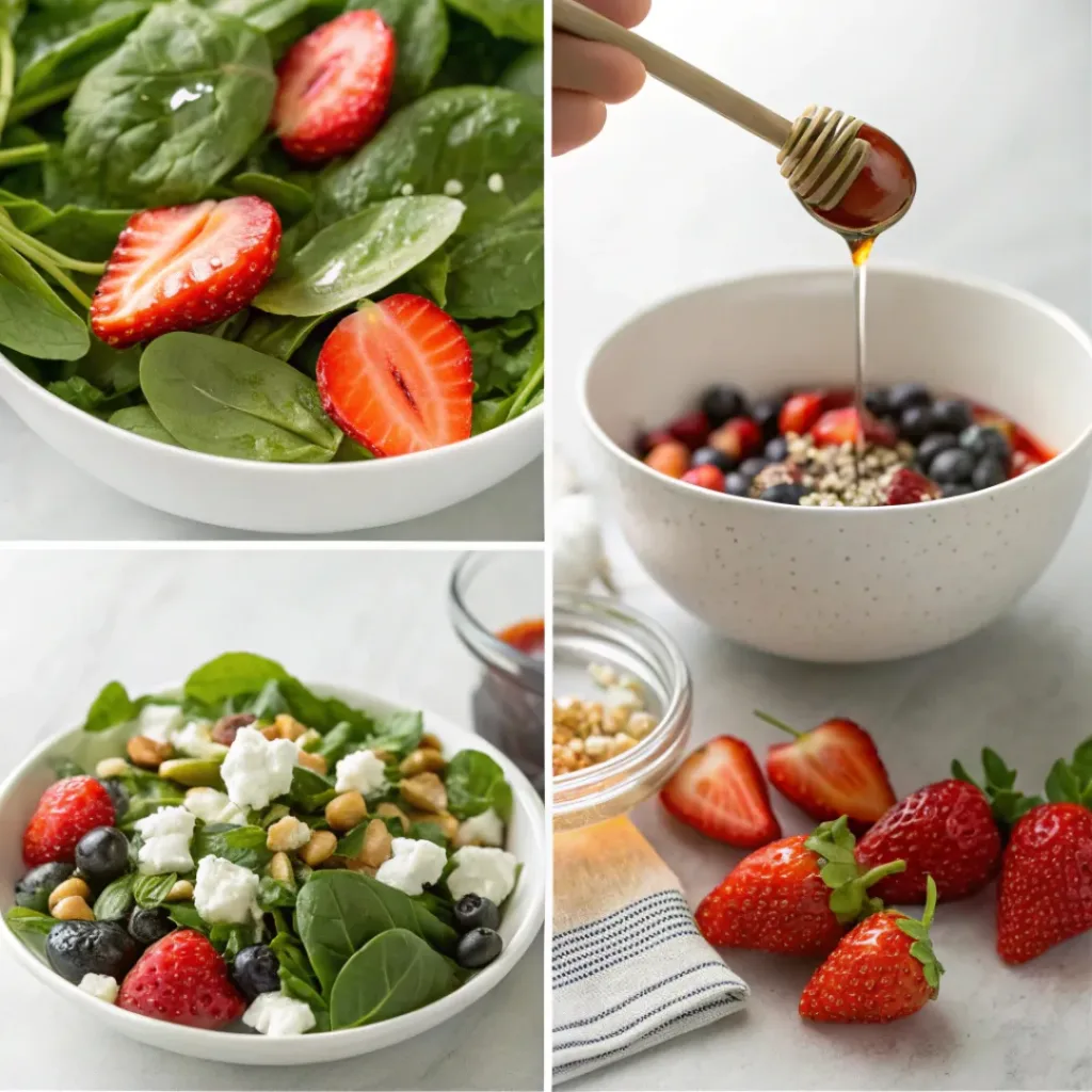 Berry Spinach Salad – Fresh, Sweet & Nutritious Summer Salad 7 Four step collage showing preparing greens, slicing berries, making dressing, and assembling salad