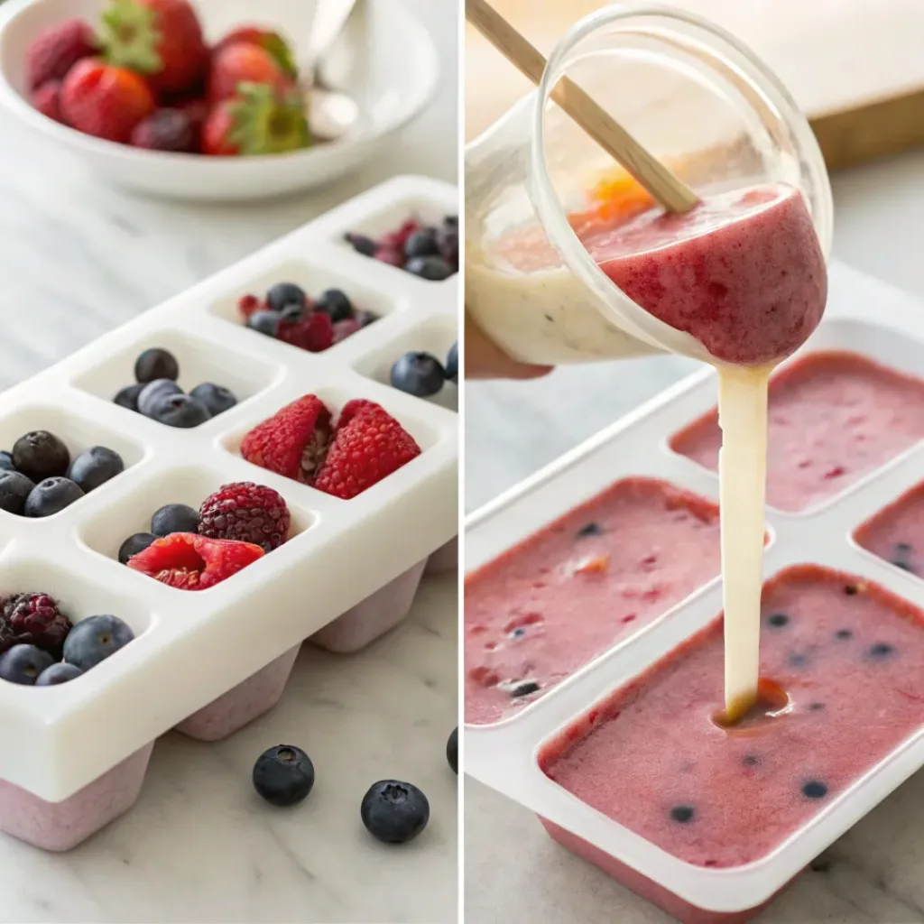 Four step collage showing berry blending, mixing yogurt, layering, and freezing popsicles
