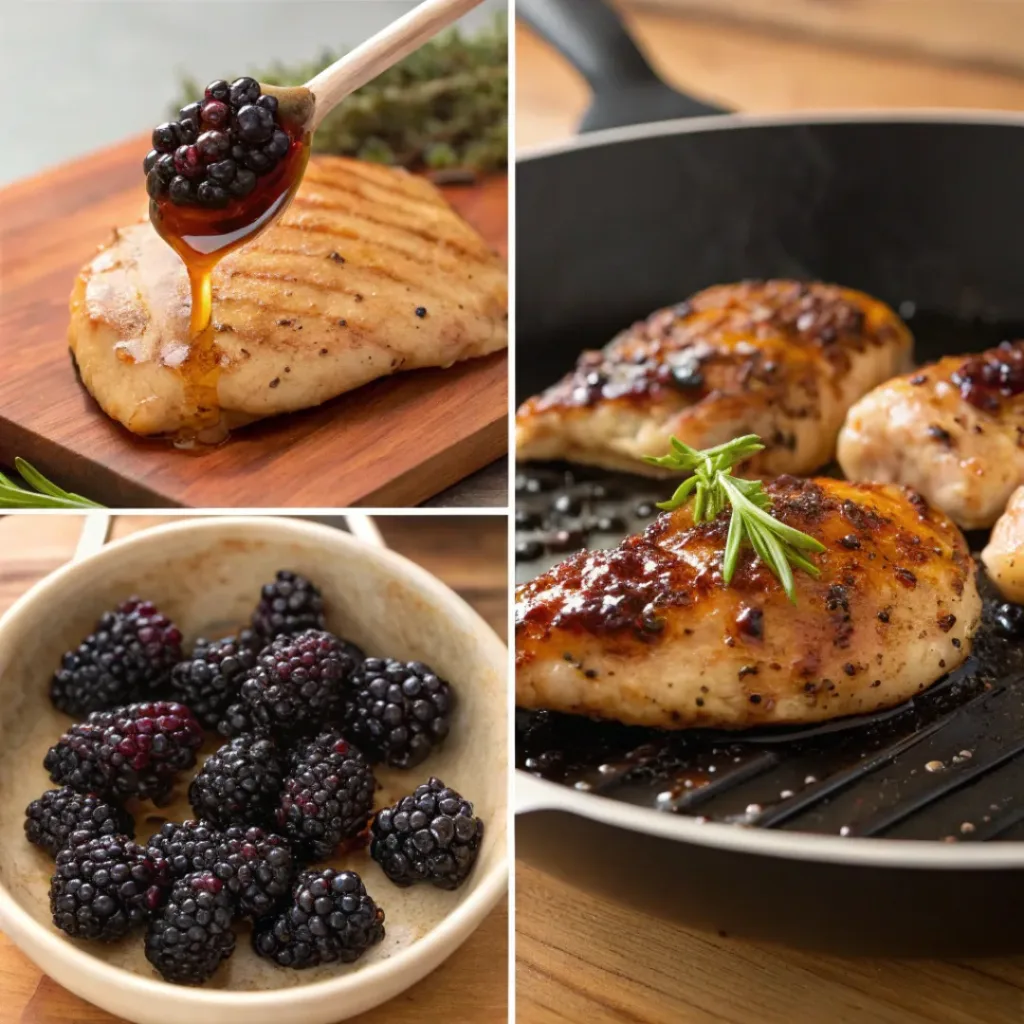 Four step collage showing seasoning chicken, making glaze, cooking, and plating