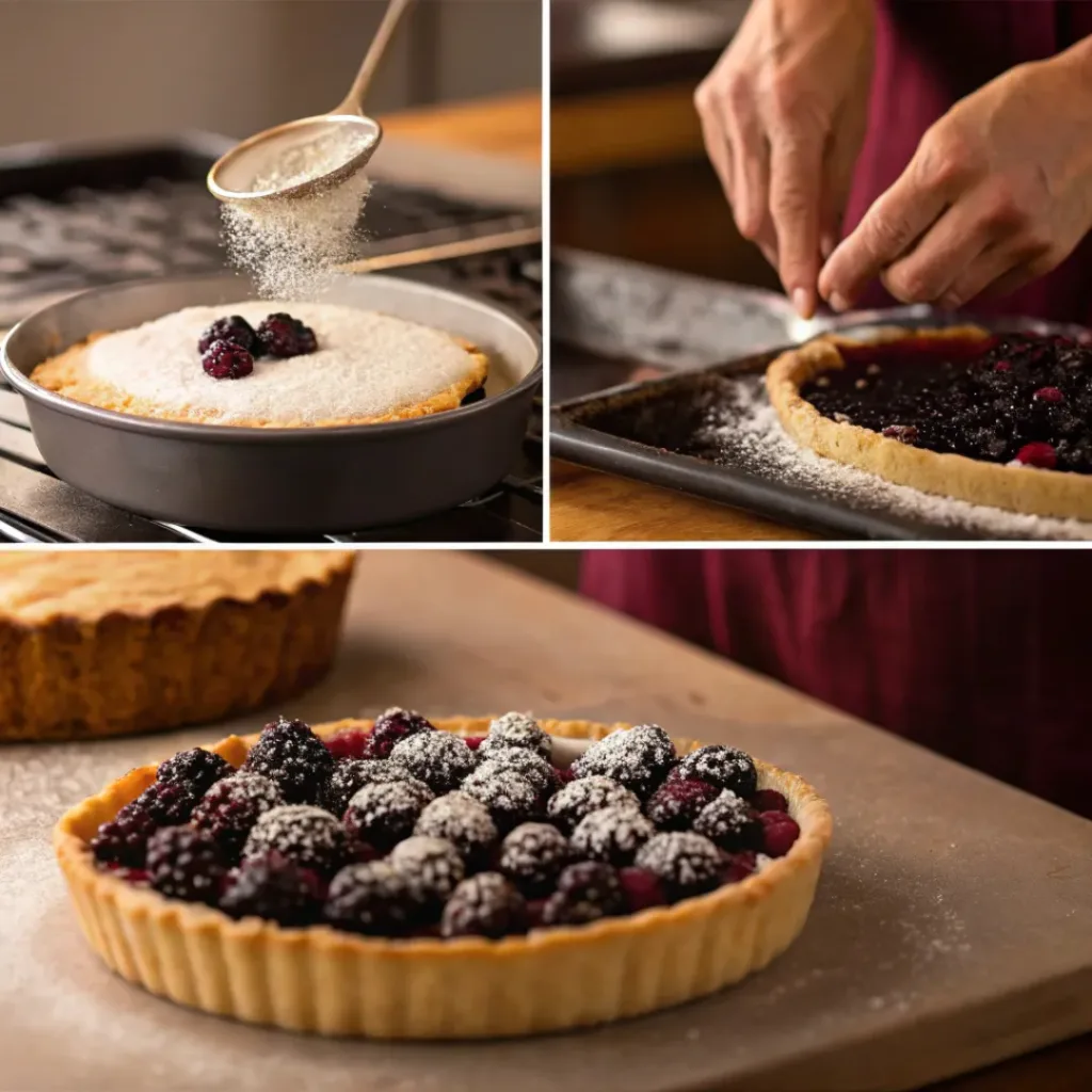 Four step collage showing making crust, preparing filling, assembling tart, and baking