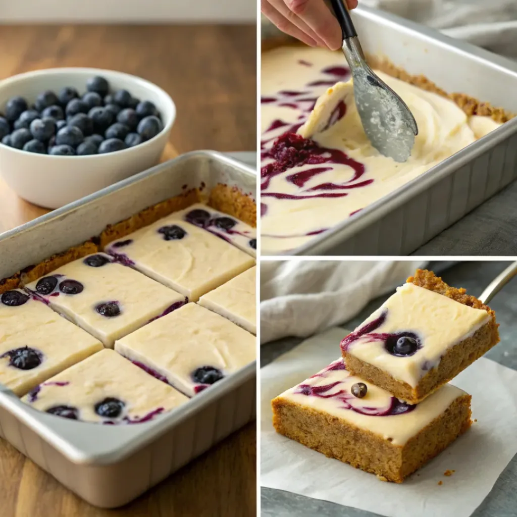 Blueberry Cream Cheese Bars – Creamy, Fruity & Buttery Dessert Squares 7 Four step collage showing crust, mixing filling, adding blueberries, and slicing bars
