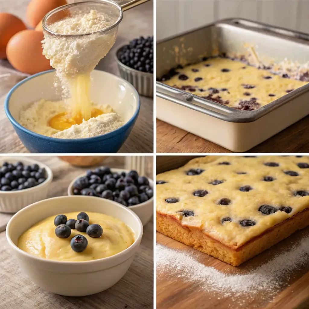 Four step collage showing mixing batter, adding blueberries, topping, and baking cake