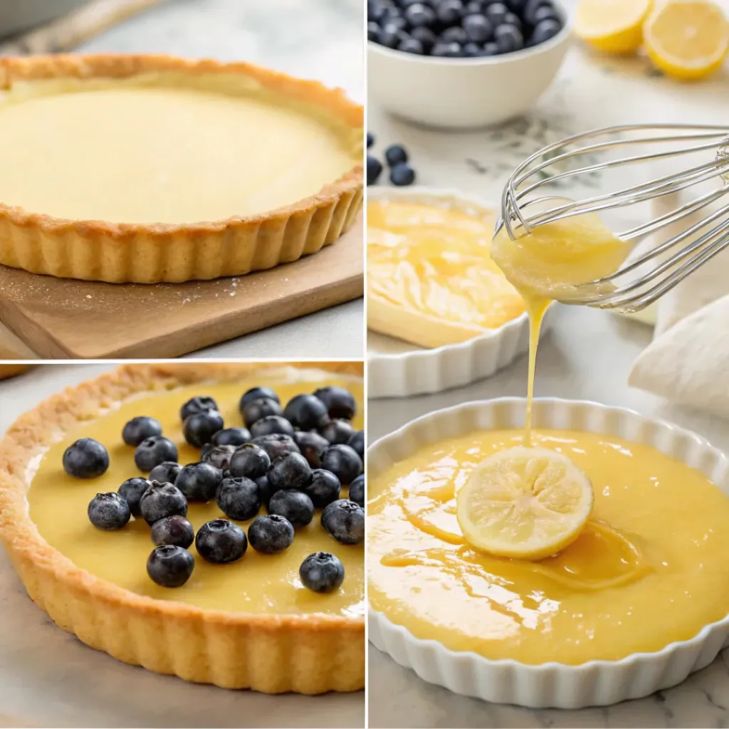 Four step collage showing crust baking, curd making, filling, and topping tart